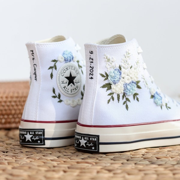 Custom Wedding Converse Embroidered Flowers ,Wedding Flowers Embroidered Shoes, Bridal Flowers Embroidered Sneaker, Custom Sneaker With Name