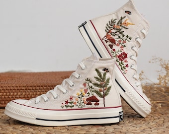 Custom Embroidered Converse High Tops, Mushroom and Flower Garden Embroidered Converse 1970s Custom, Mushroom Embroidered Sneakers