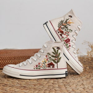 Custom Embroidered Converse High Tops, Mushroom and Flower Garden Embroidered Converse 1970s Custom, Mushroom Embroidered Sneakers