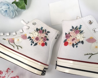 Embroidered Converse/ Custom Converse Hi Tops/ Wedding Converse/ Custom Converse Bouquet Of Colorful Roses/ Bridal Converse Gift For Wedding
