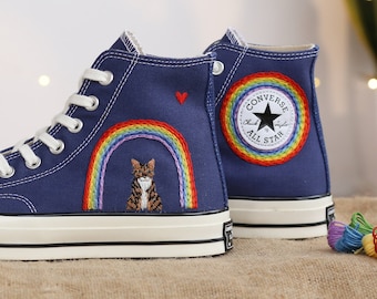 Gestickte converse Katze, benutzerdefinierte converse Stickerei Katze und Regenbogen, gestickte Katze converse kundenspezifische, kundenspezifische Haustiergeschenke