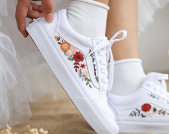 Custom Wedding Shoes, Bridal Flowers Embroidered Vans, Wedding Flowers Embroidered Sneakers, Vans Embroidered Red and Burnt Orange Flowers