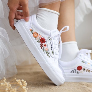 Custom Wedding Shoes, Bridal Flowers Embroidered Vans, Wedding Flowers Embroidered Sneakers, Vans Embroidered Red and Burnt Orange Flowers