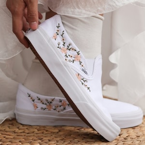 Custom Embroidered Vans Shoes, Bridal Flowers Embroidered Sneakers, Embroidered Vans Sweet Light Pink Flower Garden, Wedding Shoes