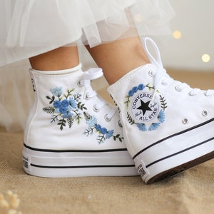 Custom Converse Platform, Wedding Flowers Embroidered Platform Shoes, Converse Embroidered Blue Bouquets, Personalized Bridal Sneaker