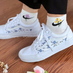 Wedding Vans/Custom Vans Shoes/Custom Sneakers/Embroidered Vans Blue Chrysanthemum/Custom Vans Slip On/Custom Wedding Shoes/Gift For Her