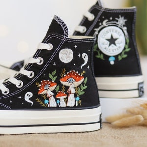 Custom Shoes Embroidered Ghosts and Mushrooms Sneakers, Custom Converse Chuck Taylor Embroidered  Mushrooms, Mushrooms Embroidered Sneakers