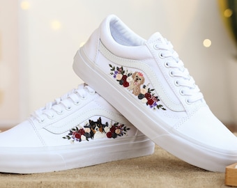 Custom Vans Embroidered Pets and Flowers Sneakers, Personalized Dog Embroidery on Vans Shoes, Wedding Vans for Bride