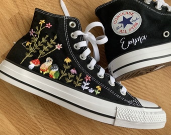 Embroidered Converse/Custom Pet/Flower Converse/Custom Converse Sweet Cat And PARROT Flower Garden/Converse High Tops/Mommy And Me Outfits