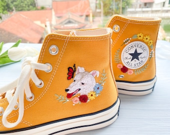 Embroidered converse/ Converse Custom Dogs and Butterflies Embroidery / Flower Converse Shoes/ Custom Converse Chuck Taylor 1970s/Gift Her