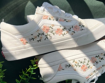 Wedding Shoes/ Embroidered Sneakers/Custom Vans Shoes/ Embroidered Shoes/ Embroidered Vans Sweet Light Pink Flower Garden