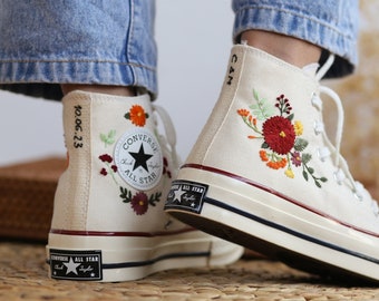 Embroidered Converse High Tops for Bride, Wedding Flowers Embroidered Shoes, Bridal Flowers Embroidered Sneakers, Valentines Gifts
