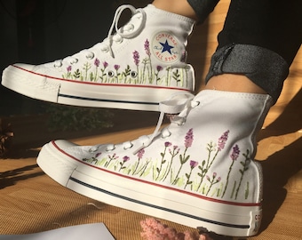 Haftowane Converse/Kwiat Converse/Converse Custom Lawenda Haft/Converse Wysokie Buty z Haftem Kwiatowym/Haft Kwiatowy Ślubne Buty