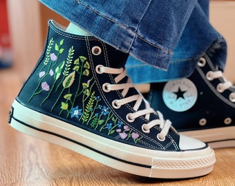 Embroidered Converse/Converse Custom Chuck Taylor 1970s/Custom Converse Green Forest Floral/ Flower Converse/Embroidered Sneakers