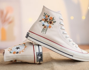 Wedding Shoes for Bride, Wedding Floral Embroider Converse High Tops, Bridal Flowers Embroidered Sneakers
