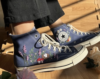 Embroidered Converse/Mushroom Converse/Custom Converse Chuck Taylor 1970s Embroidered Bird's Nest, Mushroom And Flower
