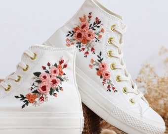 Custom Converse Platform, Wedding Rose Flower Embroidered Shoes, Bridal Flowers Embroidered Sneakers, Wedding Flowers Embroidered Sneakers