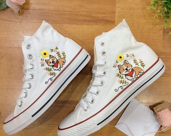 Embroidered Converse/Custom Pet/Flower Converse/Converse Hi Tops Corgi/Custom Embroidered Sweet Flower Garden/Custom Name