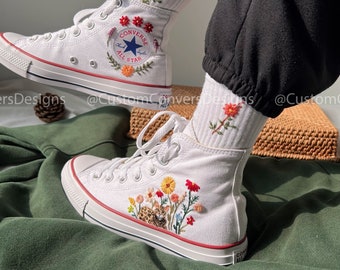 Embroidered Converse/Converse High Tops Pet/Custom Pet/Embroidered Sneakers Colorful Flower Garden And Leopard/Converse Flower/Best For Gift