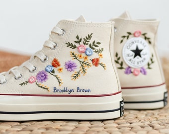 Wedding Converse High Tops, Custom Wedding Converse Embroidered Bridal Flowers, Wedding Flowers Embroidered Converse, Wedding Sneakers
