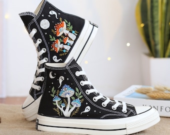 Custom Shoes Embroidered Ghosts and Mushrooms Sneakers, Custom Converse Chuck Taylor Embroidered  Mushrooms, Mushrooms Embroidered Sneakers