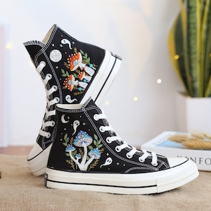 Custom Shoes Embroidered Ghosts and Mushrooms Sneakers, Custom Converse Chuck Taylor Embroidered Mushrooms, Mushrooms Embroidered Sneakers image 1