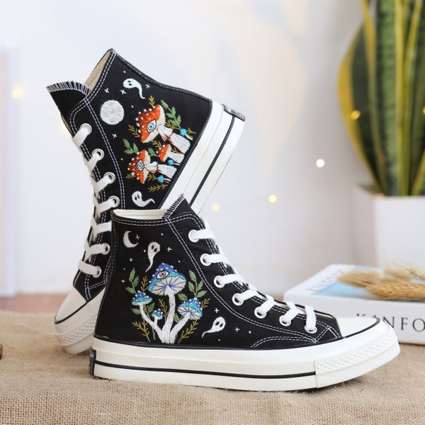 Custom Shoes Embroidered Ghosts and Mushrooms Sneakers, Custom Converse Chuck Taylor Embroidered  Mushrooms, Mushrooms Embroidered Sneakers