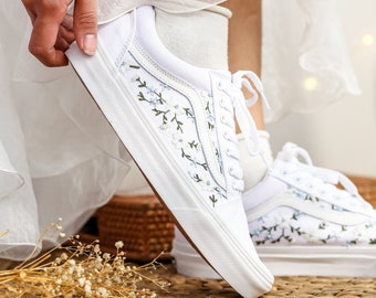 Wedding Vans, White Primrose Embroidered Vans Custom, Blue Flower Embroidered Shoes, Floral Embroidered Sneakers, Personalized Wedding Shoes