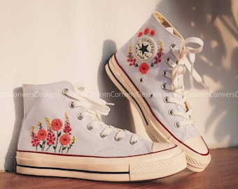 Custom Converse Chuck Taylors 1970s/Embroidered converse/Converse High Tops/Embroidered Sneakers Brilliant Orange Flower Garden