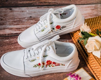 Custom Vans/Wedding Vans/Embroidered Vans Colorful Red Flower Garden/Custom Vans Old Skools/Hand Embroidered/Vans Gifts/Back To School