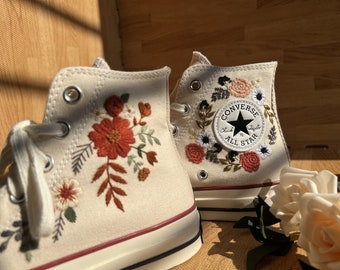 Wedding Shoes/Embroidered Converse/Converse High Tops Custom Red Flower/Bridal Converse Chuck Taylor 1970s Embroidered Flowers/Wedding Gifts