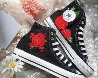 Converse brodées/converses florales/converse personnalisées brodées logo fleur rouge/rose rouge Converse/converse montante/maman et moi tenues