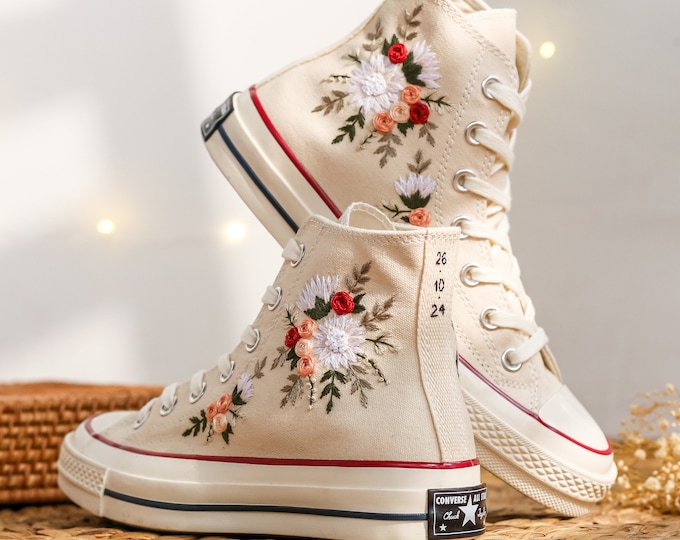 Embroidered Converse Wedding Flowers, Custom Converse High Tops Embroidery Bridal Flowers, Wedding Flowers Embroidered Shoes Wedding Sneaker
