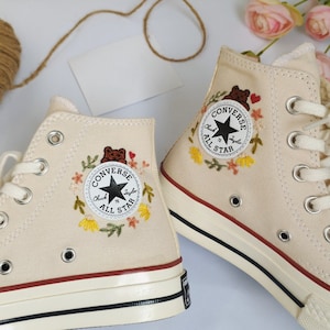 Embroidered Converse/Converse High Tops/Converse Floral Embroidery Shoes/ Custom Yellow Flower Strip/  Embroidery Logo Bear