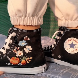 Converse Custom/ Embroidered Converse Shoes/ Converse Flower Hitop/ Converse Chuck Taylor Embroidery Logo/ Pumpkin Converse Shoes