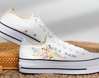 Personalized Bridal Sneakers, Flower Embroidered Conerse for Bride, Low Top Wedding Shoes
