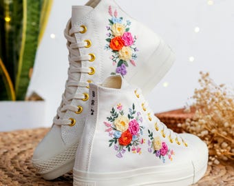 Custom White Platform Converse for Bride,Wedding Flowers Embroidered Platform Shoes, Flower Embroidered Sneakers,Personalized Bridal Sneaker