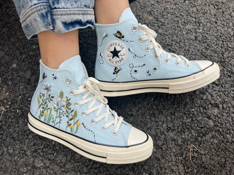 Embroidered converse/Converse High Tops Garden Of Chrysanthemums, Dandelions, Butterflies and Ladybugs/Embroidered Sneakers/Gifts For Her image 6