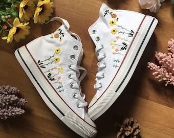 Embroidered Converse/Custom Converse High Tops Bees and sweet Sun Flowers/Embroidered Personalized Custom Flower Hive/Flower Converse