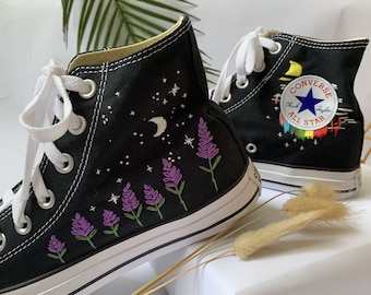 Converse bordados/Converse con flores/Converse con bordado lavanda personalizado/Converse High Tops con bordado de luna/Logotipo personalizado