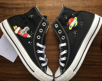 Embroidered Converse/Converse Hi Tops /Converse Space Hand Embroidery Shoes/Converse Moon Hand Embroidery Shoes and Stars/Gift For Her