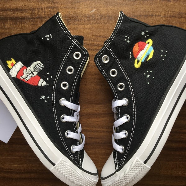 Embroidered Converse/Converse Hi Tops /Converse Space Hand Embroidery Shoes/Converse Moon Hand Embroidery Shoes and Stars/Gift For Her