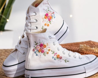 Custom Sneaker Platform,Wedding Flowers Embroidered Converse Women, Bridal Flowers Embroidered Shoes, Flowers Embroidered Sneakers for Bride