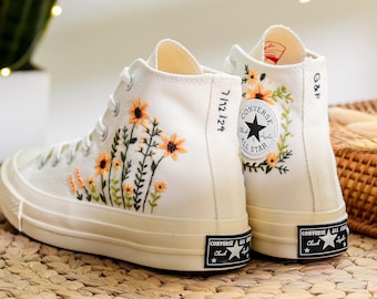 Custom Wedding Converse Embroidered Sunflower for Bride, Wedding Flower Embroidered Shoes, Bridal Flower Embroidered Sneaker Name Embroidery