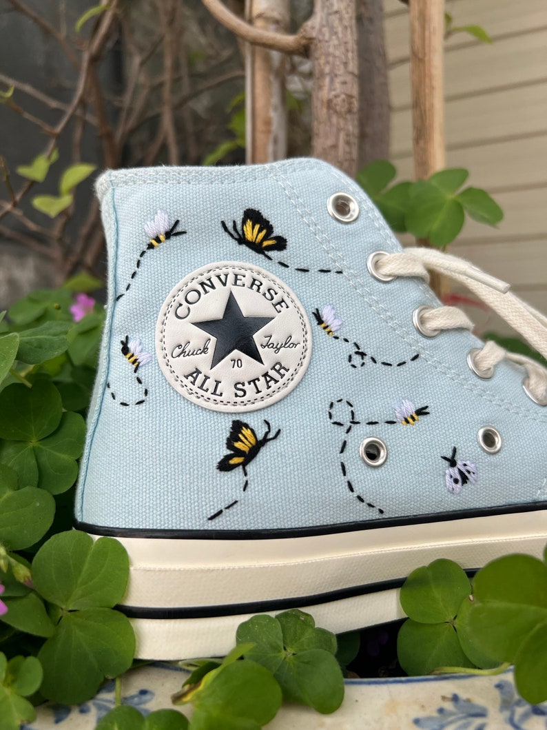 Embroidered converse/Converse High Tops Garden Of Chrysanthemums, Dandelions, Butterflies and Ladybugs/Embroidered Sneakers/Gifts For Her image 9