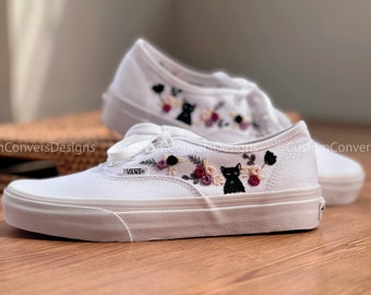 Bridal Shoes/Custom Vans Shoes/Custom Pet Shoes/Vans Classic Shoes Embroidered With Roses And Cats/Personalized Vans/Gifts For Her