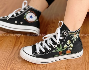 Embroidered Converse High Tops/Custom Converse Beautiful Bonsai/Embroidered Sneakers Bonsai Garden/Embroidered Logo Flowers And Leaves