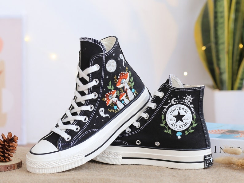 Custom Shoes Embroidered Ghosts and Mushrooms Sneakers, Custom Converse Chuck Taylor Embroidered  Mushrooms, Mushrooms Embroidered Sneakers