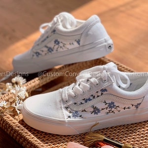 Custom Vans Shoes/Custom Sneakers/Embroidered Vans Blue Chrysanthemum/Custom Vans Slip On/Wedding Vans/Custom Wedding Shoes/Gift For Her