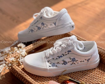 Custom Vans Shoes/Custom Sneakers/Embroidered Vans Blue Chrysanthemum/Custom Vans Slip On/Wedding Vans/Custom Wedding Shoes/Gift For Her